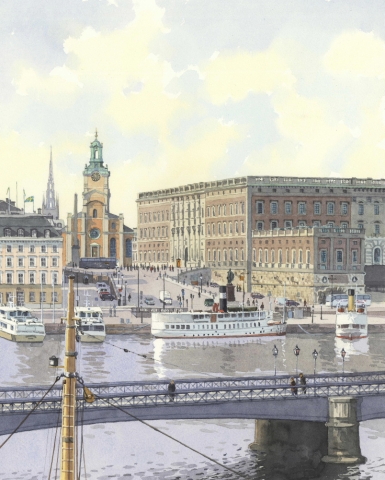 Reproducerad akvarell/giclée - Mot Slottet och Storkyrkan